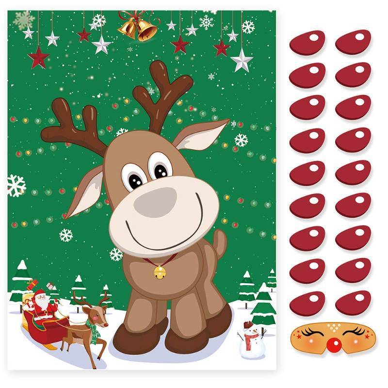 lot 44857 image: Pin The Nose on The Reindeer Holiday Reusable Game Christmas Party Games with 36 Noses and 4 Blindfold for Xmas Party Supplies - Retail $7
