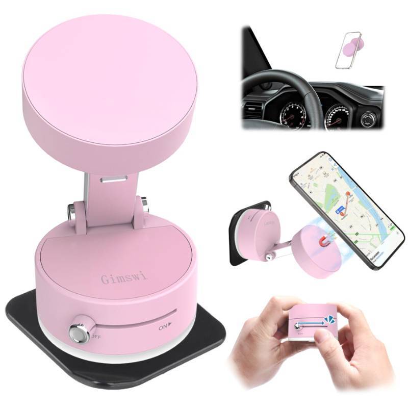 lot 44974 image: Vacuum Magnetic Phone Holder with Metal Ring Compatible with iPhone 17, Samsung, Portable Universal Collapsible Magnetic Phone Stand for Gym Car Mount with Windshield Suction Cup, Pink - Retail $8