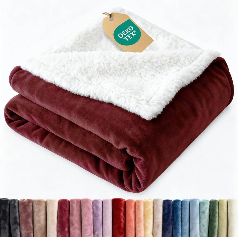 lot 45020 image: Sherpa Fleece Blanket Throw Size - Reversible Sherpa Fleece Throw Blanket - Super Soft Double Sided for Bed, Sofa, Couch - Thick, Warm, & Plush - Luxurious Bedding for Winter - Burgundy, 50 x 60 - Retail $26