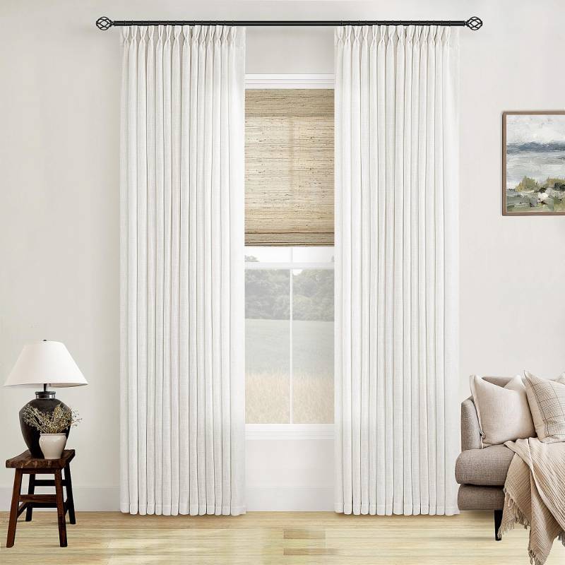 lot 45024 image: Beige White Linen Curtains Pinch Pleated 84 Inches Long for Living Room Bedroom Pleat with Rings Back Tab Semi Sheer Curtains 84 Inch Length 2 Panels Set Light Filtering Farmhouse Drapes - Retail $54
