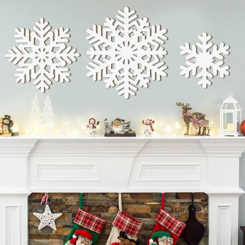 lot 45053 image: Wooden Large Snowflake Ornaments Sign Christmas Decorations 3Pack, Wood Hollow White Snowflakes Crafts Winter Hanging Plaques Decorations 3 Size of Cutouts New Year Wall Bedroom Living Room Decor - Retail $10