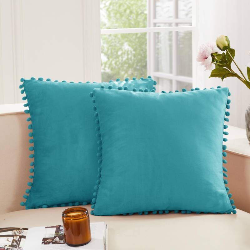 lot 55817 image: Velvet Throw Pillow Covers with Invisible Zipper, Decorative Pom-poms Soft Square Cushion Cases for Couch Sofa Living Room Bedroom Outdoor, Set of 2, Teal, 26x26 in - Retail $11