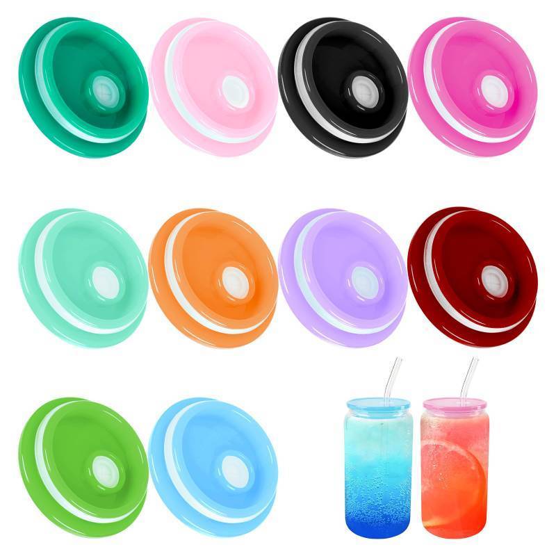 lot 55853 image: 10 Pack Acrylic Lids for 16 oz Glass Cups, Can Straw Lid, Tumbler Lid Replacement, Spill Proof Reusable Plastic Lids for Glass Cups Iced Coffee Cup Beer Can Milk Tea Juice (Color Mixing) - Retail $10