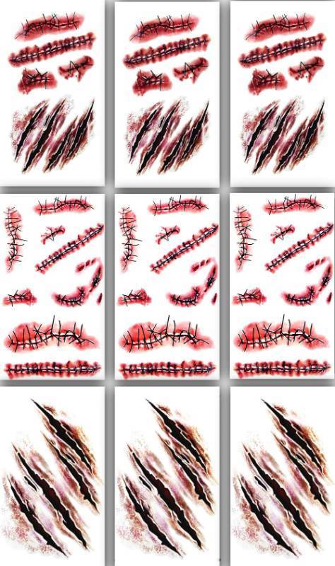 lot 55873 image: 9pcs Halloween zombie makeup Fake Bloody Wound Stitch Scar Waterproof Temporary Tattoo Sticker Halloween Masquerade Prank Makeup Props - Retail $7