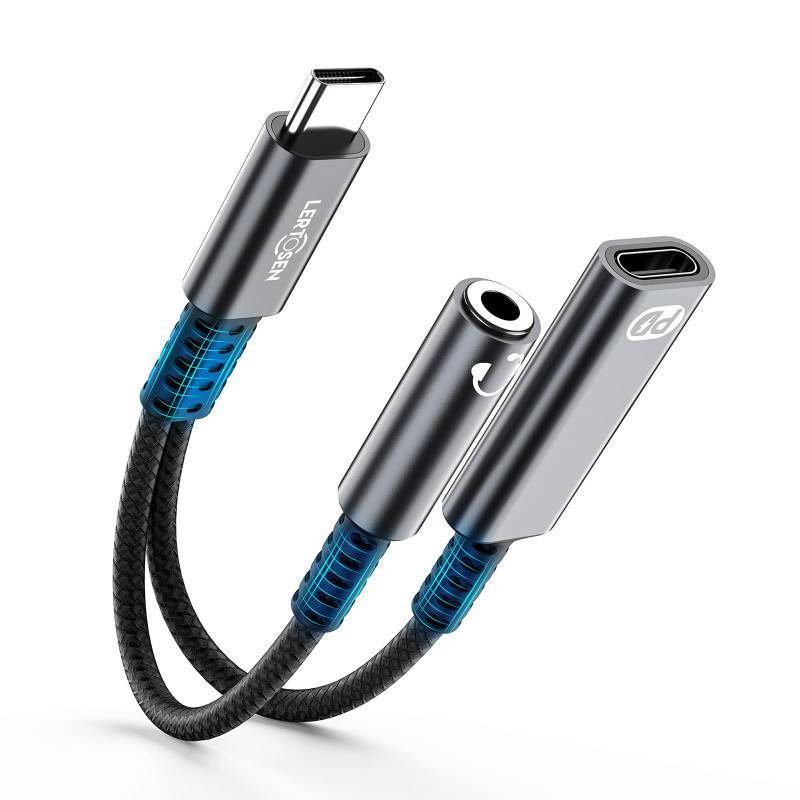 lot 55958 image: USB C to 3.5mm Headphone and Charger Adapter, 2-in-1 Type C to Aux Jack Audio Cable, PD 60W Fast Charging Dongle Splitter Cord - Retail $10