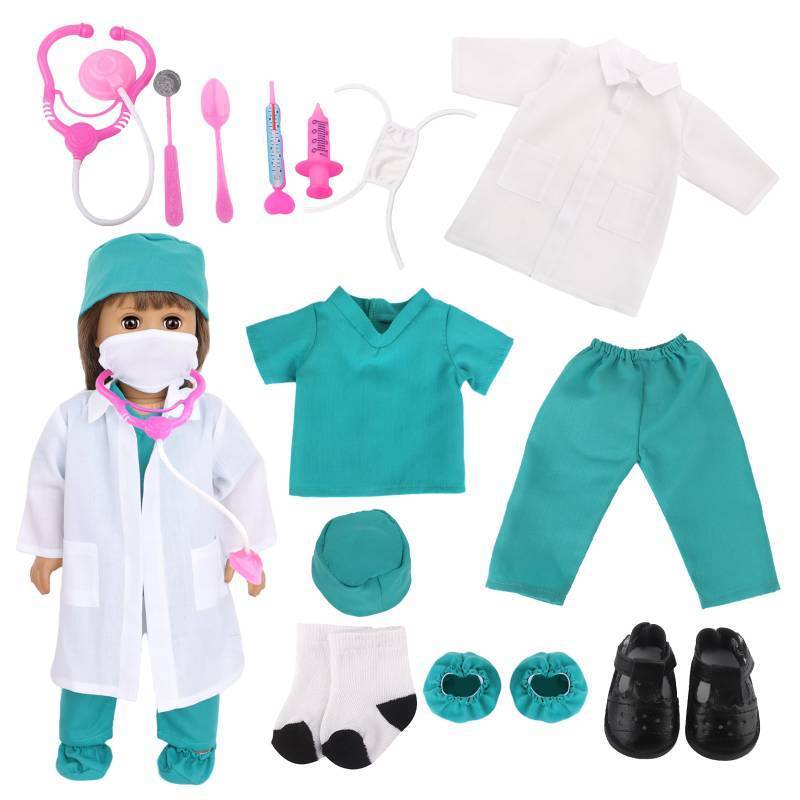 lot 55987 image: 18-Inch Doll Doctor Playset-Pretend Play Medical Kit with White Coat, Scrubs & Surgical Tools, STEM Roleplay Costume for Kids Ages 3-12,Fits Most 18-Inch Girl & Boy Dolls.  No DOLL, No Shirt Pants Cap Booties. - Retail $14