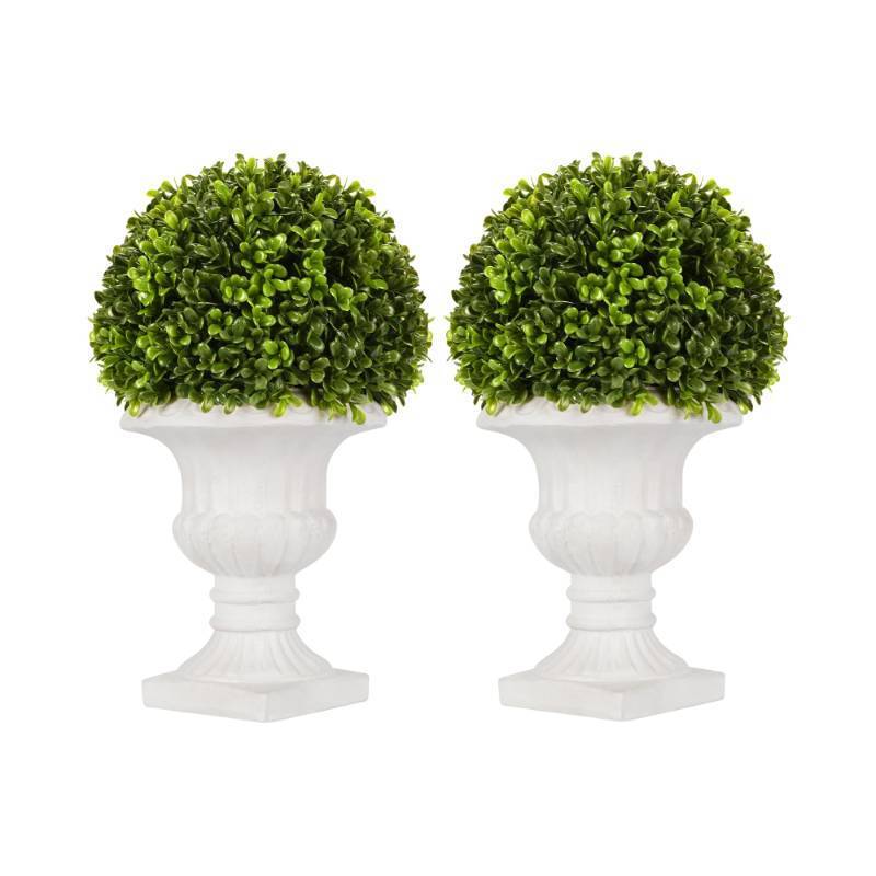 lot 15302 image: 2 Pack Artificial Boxwood Topiary Ball with Lights in Urn Container, 13 Topiary Centerpiece for Home Decor, Mini Fake Plant Greenery Arrangement - Retail $37