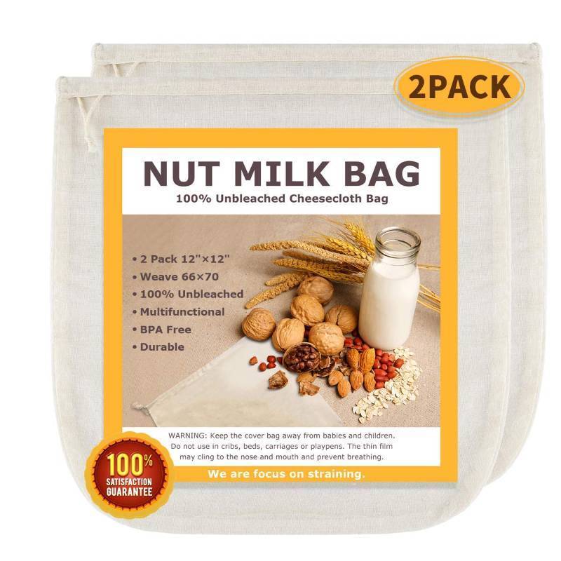 lot 26256 image: Nut Milk Bags, All Natural Cheesecloth Bags, 12x12, 2 Pack, 100% Unbleached Cotton Cloth Bags for TeaYogurtJuiceWineSoupHerbs, Durable Washable Reusable Almond Milk Strainer(Weave 66x70) - Retail $16