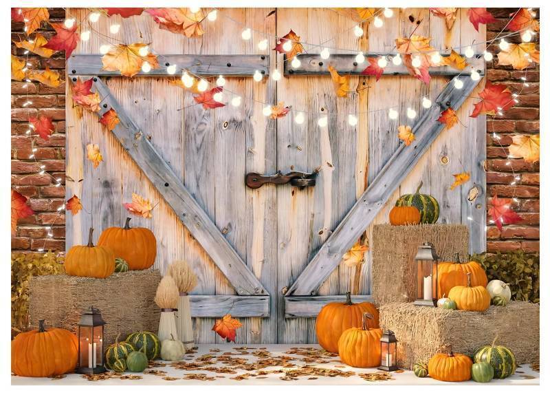 lot 15682 image: Fall Thanksgiving Backdrop Autumn Pumpkin Harvest Barn Background Hay Maple Leaves Baby Shower Banner Supplies Photo Booth Prop 8X6FT YY-2515 - Retail $22
