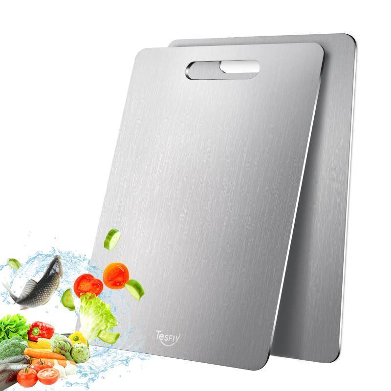lot 16061 image: 2 Pack Titanium Cutting Board,100% Pure Titanium Kitchen Cutting Board, Easy to clean, Double-sided food-grade Cutting Board For Cutting Meats, Fruits And Vegetables (14  10) - Retail $50