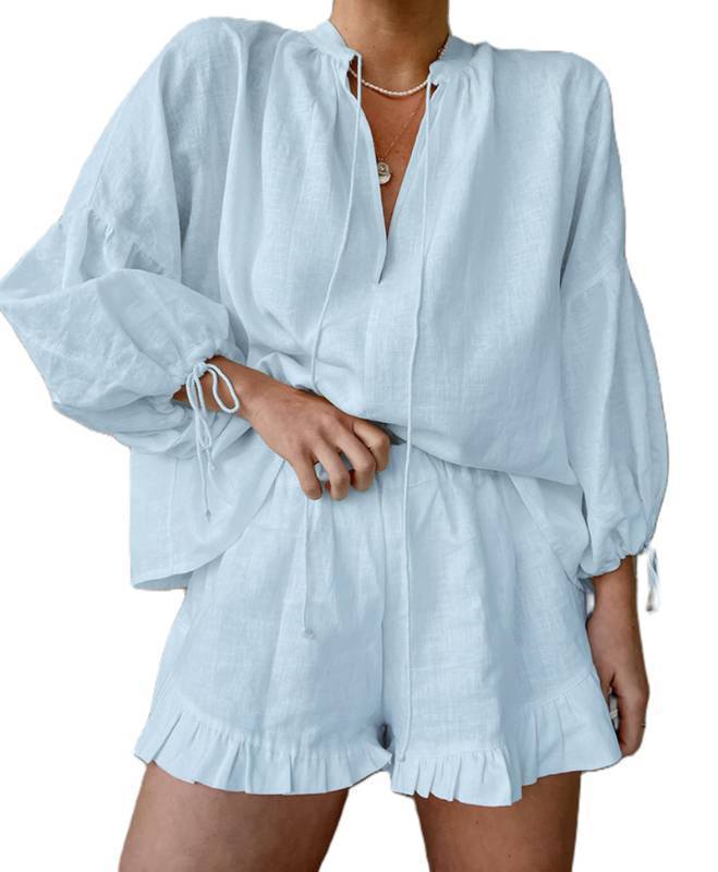 lot 26433 image: Linen Shorts Sets Women 2 Piece Outfits Long Sleeve Tie Front Tops and Ruffled Boxer Shorts Matching Lounge Sets(Blue,Medium) - Retail $36