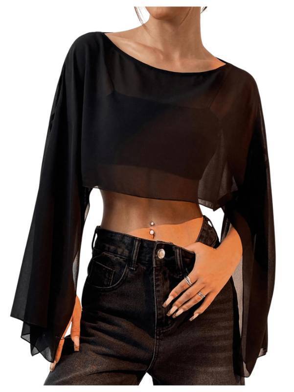 lot 26437 image: Womens Y2K Blouse Sheer Flowy Tops Crop Blouses Dressy Poncho Tops Boat Neck Long Sleeve Loose Chiffon Shirts Black Small - Retail $20
