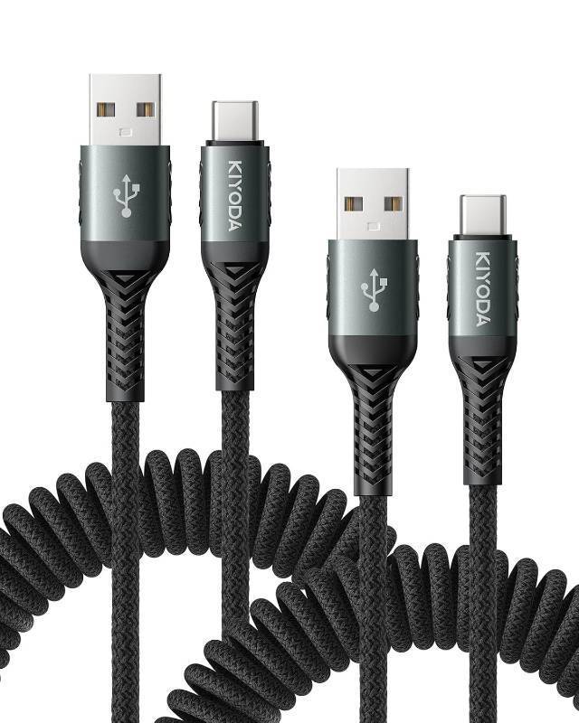 lot 44930 image: USB A to USB C Cable 3FT6FT, Coiled USB C Cable for Car, 66W USBC Cable Fast Charging 3A USB C iPhone Cable Compatible with iPhone 171615Samsung Galaxy S20 S10 Plus and More USB C Devices - Retail $18