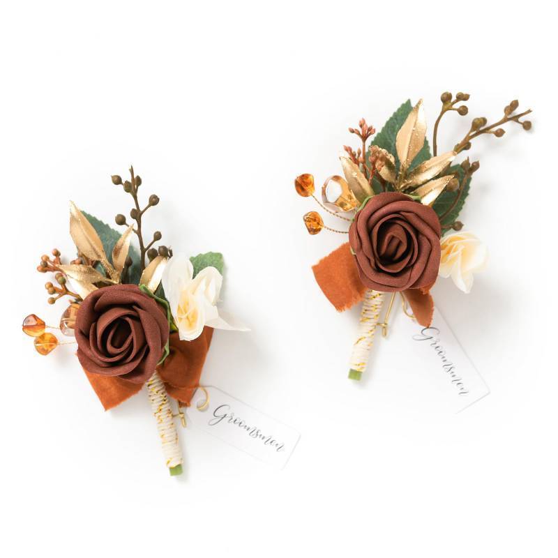 lot 56007 image: Lings moment Boutonniere for Men, 2pcs Groom Groomsmen Guest Boutonniere, Artificial Flowers for WeddingPromHomecoming, etc. Fall Orange Terracotta - Retail $17