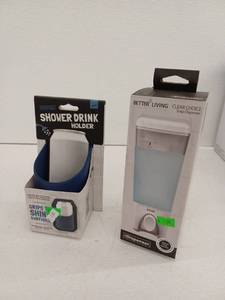 lot 10766 image: Bathroom Accessory Set - Shower Drink Holder and Soap Dispenser