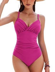 lot 8835 image: AIMAGE Womens One Piece Ruched Swimsuit 2025 Tummy Control Bathing Suits Sexy V Neck Swimwear Rose Red XL