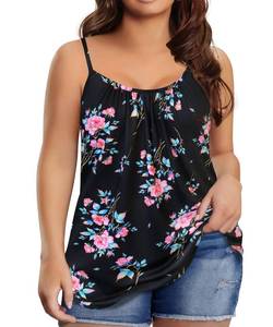 lot 8837 image: TIYOMI Plus Size Cami Tops for Women Spaghetti Tank Adjustable Straps Buttons Sexy Cleavage V Neck Vest Party Holiday Suspenders Floral Print Flower Pattern Summer Date Black 5XL