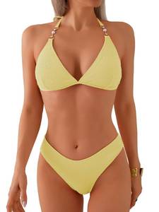 lot 8840 image: swimall Womens Halter Cheeky Bikini Sets Triangle Sexy Two Piece Swimsuit High Cut Bathing Suit - Yellow-Textured - Medium