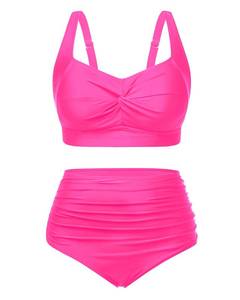 lot 8841 image: Tempt Me Women Plus Size High Waisted Bikini Set Two Piece Swimsuit Tummy Control Bathing Suits Hot Pink 18 Plus