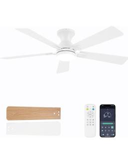lot 8848 image: Ceiling Fans with Lights and Remote, 52 Inch White Ceiling Fan with Light, Low Profile Reversible Fandelier Ceiling Fan, Dimmable LED, Flush Mount, Quiet DC Motor, for Bedroom Kitchen