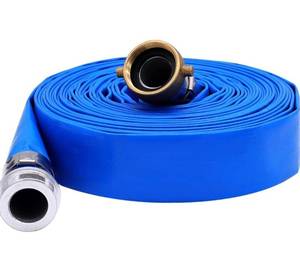 lot 8849 image: 2 x 100 PVC Lay Flat Water Pump Discharge Hose With Aluminum Pin Lug Fittings, Heavy Duty
