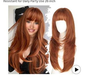 lot 8871 image: Long Ginger Wig with Bangs for Women,4x4 Realistic Scalp, Free Parting,Layered Hairstyle Synthetic Heat Resistant for Daily Party Use 26 inch