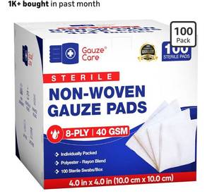 lot 8879 image: Gauze Care Non-Woven Sterile Gauze Pads 4x4, Pack of 100, 8-Ply, Soft, Lint-Free, Individually Wrapped