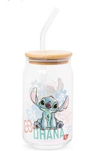 lot 8880 image: Silver Buffalo Disney Lilo and Stitch Ohana Floral Glass Jar Tumbler with Bamboo Lid and Glass Straw, 16 Ounces