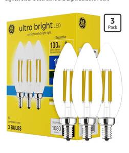 lot 8889 image: GE Ultra Bright LED Light Bulbs, 100W, Daylight Candle Lights, Clear Decorative B12 Light Bulbs (3 Pack)