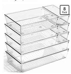lot 8910 image: 8 Pack Large Clear Plastic Drawer Organizer Bins