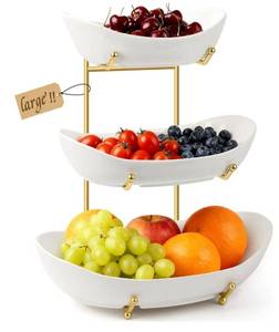 lot 8927 image: Large Fruit Bowl for Kitchen Counter, 3 Tier Ceramic Fruit Basket with Metal Stand,