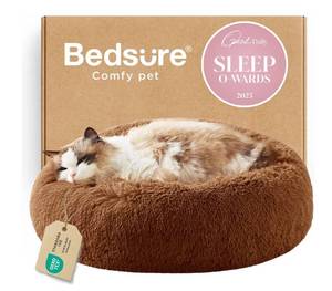lot 8936 image: Bedsure Calming Cat Beds for Indoor Cats - Small Cat Bed Washable 20 inches, Anti-Slip Round Fluffy Plush Faux Fur Pet Bed,