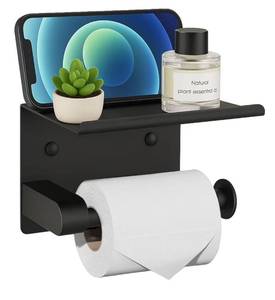 lot 8944 image: Black Toilet Paper Holder with Shelf - Rustproof Stainless Steel Wall Mount or Self Adhesive Bathroom Tissue Roll Holder