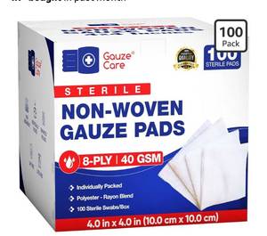 lot 8947 image: Gauze Care Non-Woven Sterile Gauze Pads 4x4, Pack of 100, 8-Ply, Soft, Lint-Free, Individually Wrapped,