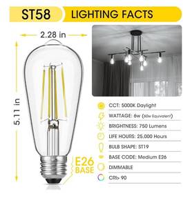 lot 8981 image: Vintage LED Edison Bulbs, 6W, Equivalent 60W, High Brightness Daylight 5000K, ST58 Antique LED Filament Bulbs with 90 CRI, E26 Medium Base, Dimmable, Clear Glass, 5 pack