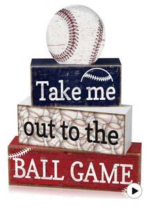lot 8984 image: 4 Pcs Baseball Decorations Rustic Baseball Wooden Signs Blocks Baseball Room Tabletop Centerpieces