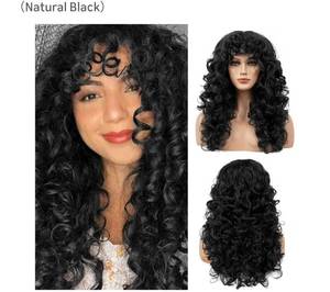 lot 8994 image: Flufymooz Curly Wig with Bangs for Women, 20 Inch Natural Black Curly Shag Hair Wig, Kinky Curls