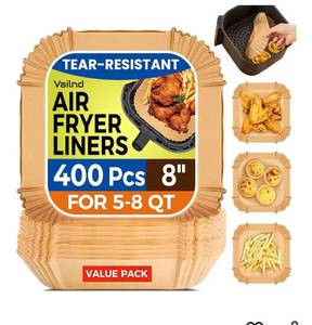 lot 9022 image: 400 Pcs Air Fryer Liners Disposable, 8 Square Heavy-Duty Parchment Paper for 5-8 qt Airfryer Basket, Non-Stick & Grease-Proof Baking Liner for Oven Pan