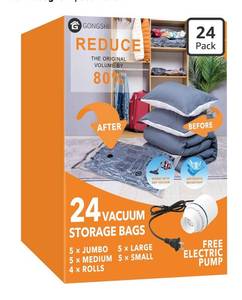 lot 9062 image: GONGSHI Vacuum Storage Bags, Space Saver Seal Bags For Clothing, Blankets, Comforters, Pillows, Clothes Storage,Travel Luggage,24 Combo-EPUMP