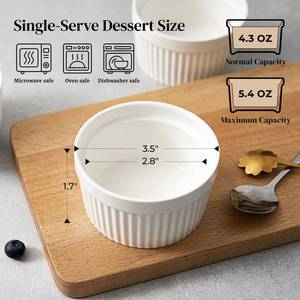 lot 9064 image: DOWAN Ramekins 4 oz Oven Safe for Creme Brulee Souffle, Porcelain Custard Cups Ramiken for Baking, Small Bowls Dipping Sauce Dish Classic Style, Set of 4, Soft White