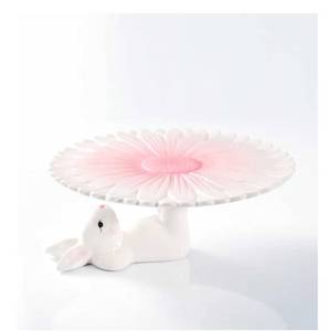 lot 9067 image: Easter Bunny Ceramic Cake Stand Hand-Painted Pink Flower Dessert Plate, Holiday Ceramic Cake Holder