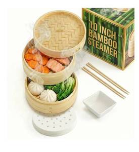 lot 9094 image: Prime Home Direct Bamboo Steamer Basket 10-Inch