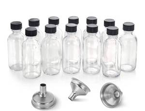lot 9121 image: AOZITA 12 Pack, 2 oz Small Clear Glass Bottles wLid & 3 Funnels - 60ml Boston Shot Bottles