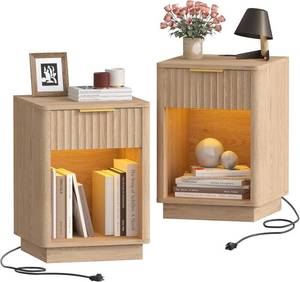lot 1642 image: $140 Fluted Nightstands Set of 2, Wooden Night Stand with Charging Station and LED Light, Modern Mid Century Bed Side End Table with Drawer, 15 D x 15.7 W x 22.6 H, for Bedroom, Natural Oak