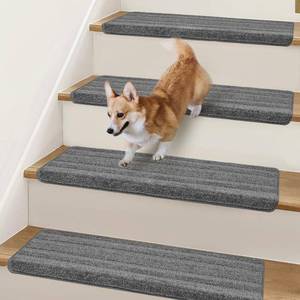 lot 1671 image: $129 Bullnose Stair Treads Non Slip 9.5 x 32, 14 Pcs Carpet Stair Treads for Wooden Steps Indoor with Edge Protection, Reusable Peel and Stick TPU Backing Stair Runner Rugs- Line Pattern Grey