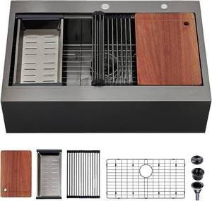 lot 1674 image: $288 33 Inch Drop In Farmhouse Sink Black, 33x22 Inch Gunmetal Black Top Mount Farmhouse Kitchen Single Bowl, Topmount Apron Front Stainless Steel Farm Sink Workstation