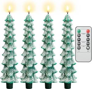 lot 1699 image: 4 PCS Christmas Tree Candles with Remote Timer 10 Inch LED Flameless Taper Candles Wax Battery Operated Candlesticks Green Window Candle with 3D Wick Flickering for Xmas Holiday Gifts Party Home Decor