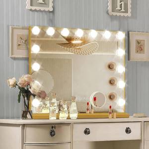 lot 1703 image: Gold Hollywood Vanity Mirror with Lights, 15 Dimmable Bulbs, 3 Color Lights,Make Up Lighted Mirror, Aluminum Metal Frame, USB Charging Port 23 x 18
