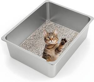 lot 2708 image: Kirecoo Stainless Steel Cat Litter Box XL- Metal High Sided Cat Pan, Large Stainless Steel Box, Indoor Litter Tray, Non Stick, No Smell, Easy to Clean, Pet Toilet Supplies for Kitten, Kitty, Rabbit