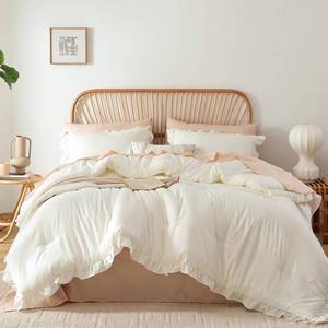 lot 2742 image: JANZAA King Comforter Set Creamy White Ruffle Comforter with 2 Pillowcase Soft King Size Bed Set Vintage Farmhouse Bed Comforter Set Fluffy Shabby Chic Bedding for All Season